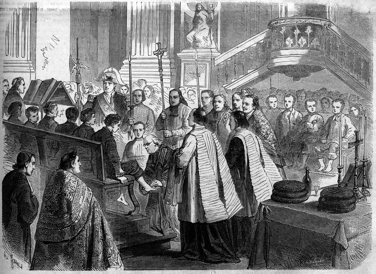 Rito Cristiano - Jueves Santo - 1860: el lavado de pies en la iglesia de Saint Sulpice en París. Grabado en "Le Monde Illustré" n°156 del 7 de abril de 1860. de French School