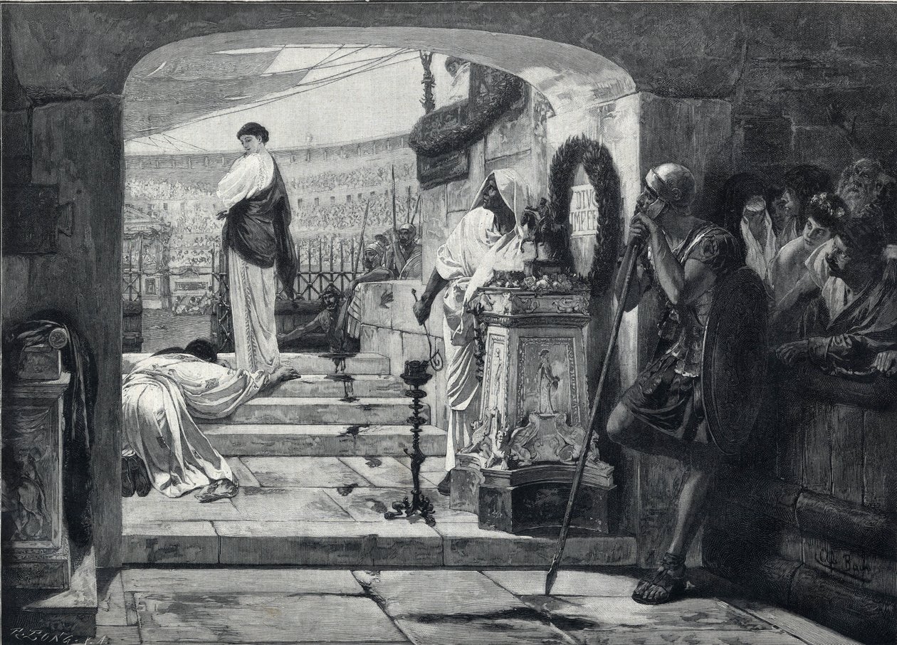 Mártir cristiano entrando en la arena para ser entregado a las bestias. Grabado después de la pintura de Albret Baur. de French School