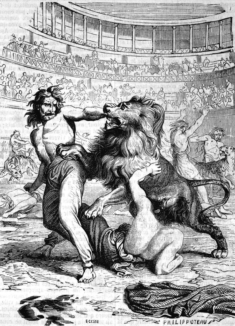 Cristianos expuestos a bestias feroces en el anfiteatro de Lyon - en “Historia de Francia” de L.-P. Anquetil de French School