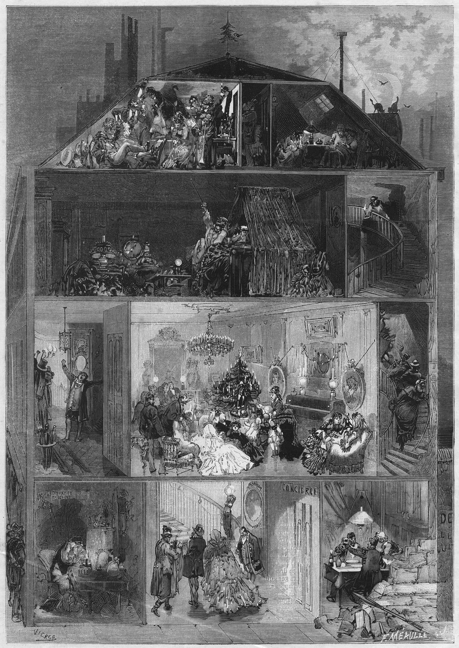 Nochebuena: sección transversal de un edificio parisino que presenta diferentes formas de celebrar la víspera de Año Nuevo. Grabado en "Le Monde Illustré" n°810 del 19 de octubre de 1872. de French School