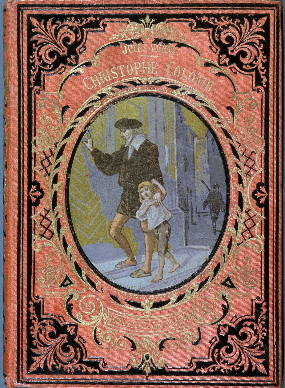 Christophe Colomb (Cristoforo Colombo) y un niño, - en "Christophe Colomb" de Julio Verne, ed. Hachette de French School