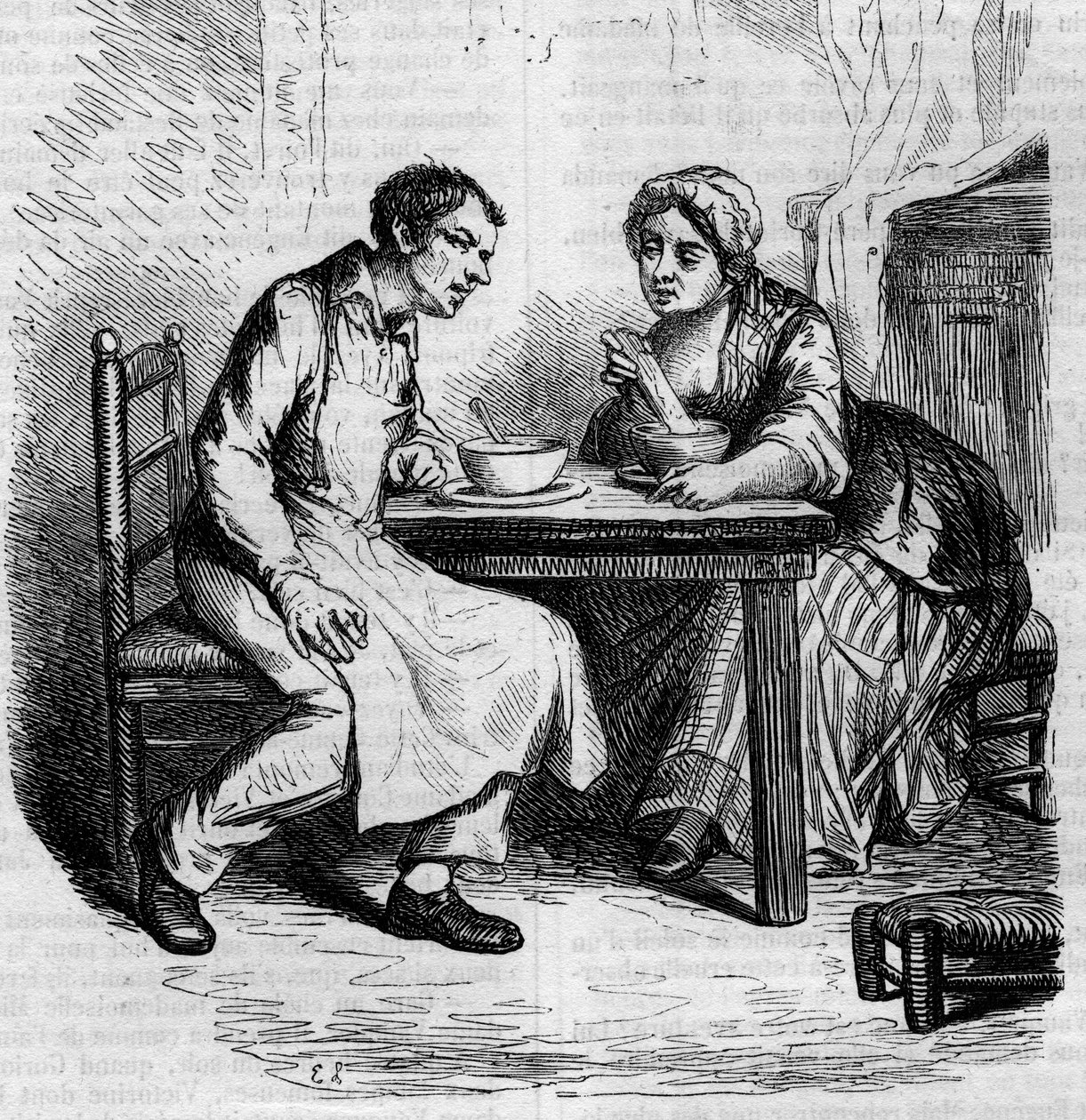 Christophe y la gorda Sylvie: sirvientes desayunando. Grabado a mediados del siglo XIX. Ilustración para "El padre Goriot" de Honoré de Balzac (1799-1850). de French School