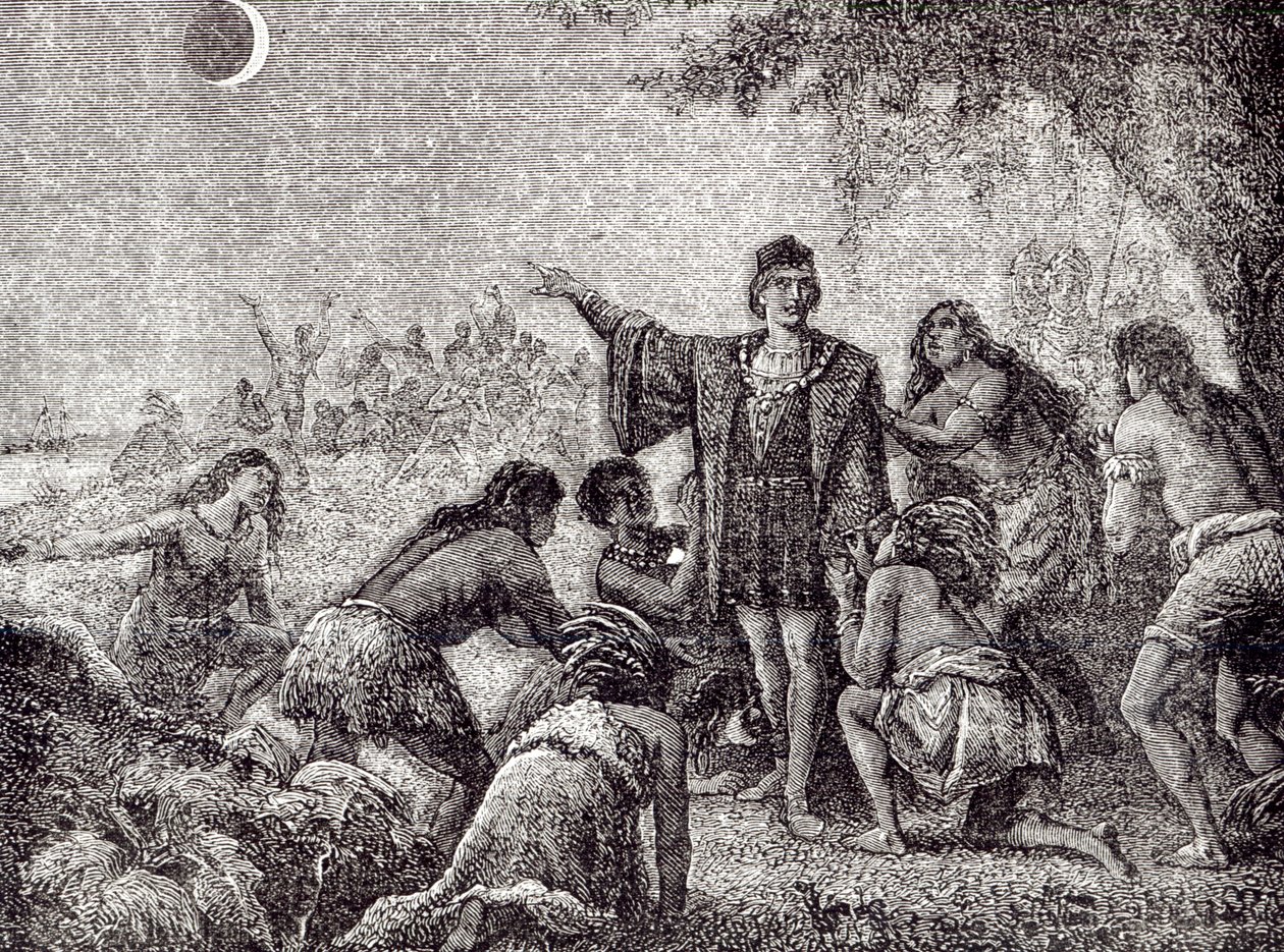 Cristóbal Colón prediciendo el eclipse de la luna a los habitantes de Jamaica en 1504 de French School