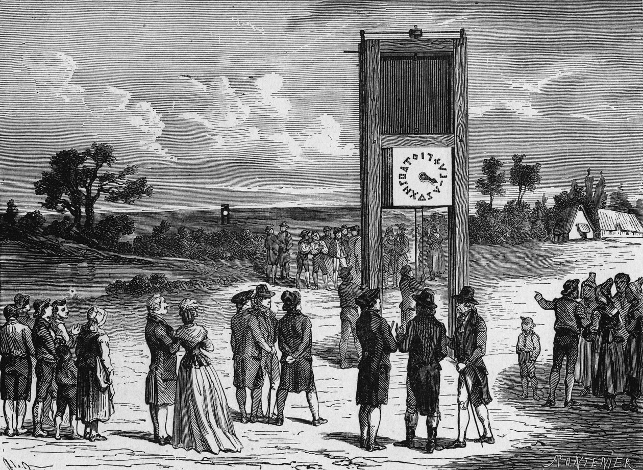Claude Chappe experimenta su primer telégrafo aéreo en 1793 - en “Álbum de la Ciencia; eruditos ilustres; Grandes descubrimientos” 1896 de French School
