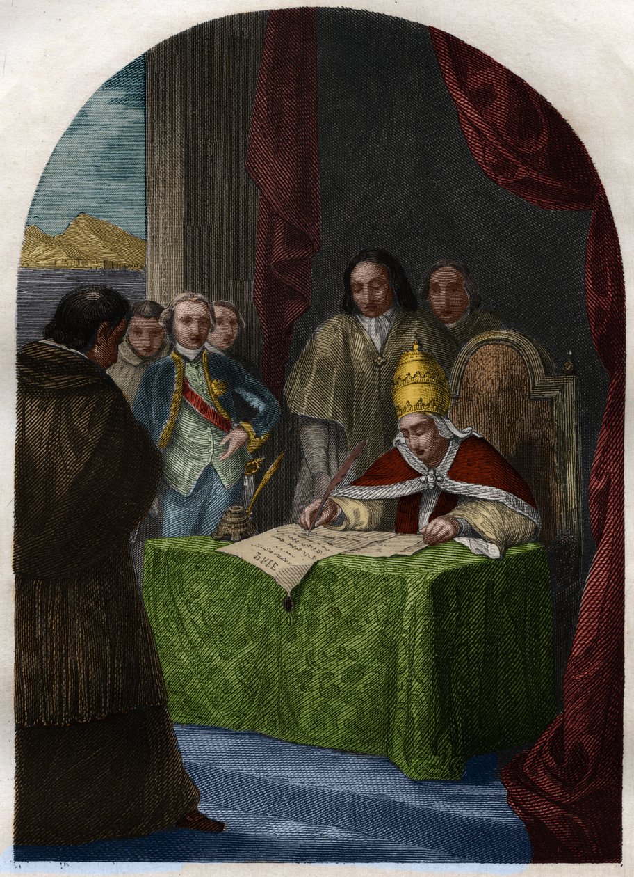 Clemente XIV (Clemente o Clemens) (1705-1774) aboliendo la Sociedad de Jesús el 21 de julio de 1773. Grabado de 1842 en "Histoire des popes: crimes, murders, poisonings, parricides, adulteres, incest..." por Maurice Lachatre. Colección privada. de French School