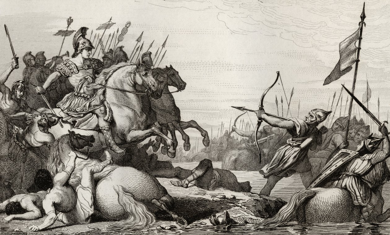 Clodion, el Peludo (c.428-47) se retira a través del puente después de su derrota por Aetius, de 