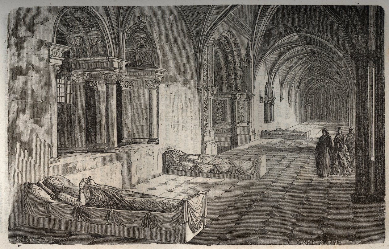 Claustro de Fontevrault con estatuas de Enrique II - Leonor de Aquitania - grabado en 