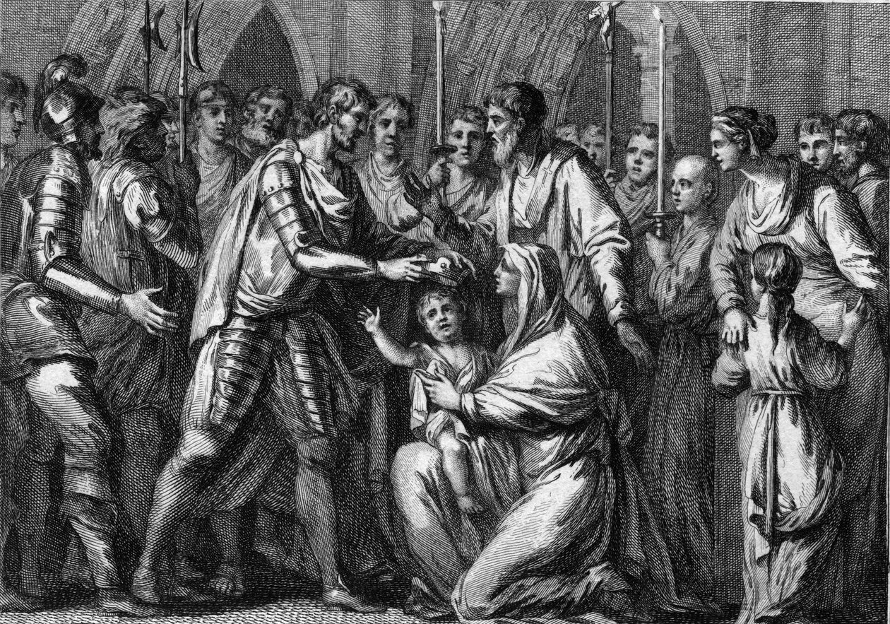 Clotario II, conocido como el Joven (584-628), coronado rey de Neustria por su tío, Gontrán I (ca. 545-592), rey de Orleans y Borgoña. Su madre, la reina Fredegonda (ca. 545-597), lo sostiene en sus brazos. 584. Grabado del siglo XVIII de French School