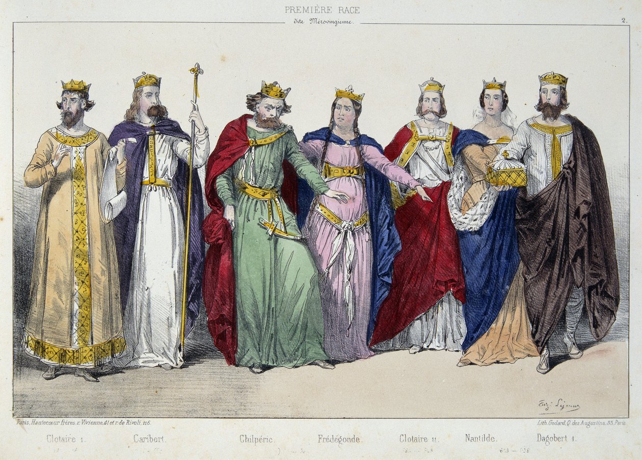Clotario I, Cariberto, Chilperico, Fredegunda, Clotario II, Nantilde, Dagoberto I - en "La monarquía francesa en estampas" de French School