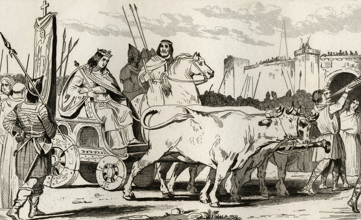 Clodoveo III (682-95) en un carro tirado por bueyes, con Pepino II de Herstal (c.714) cabalgando a su lado, de 