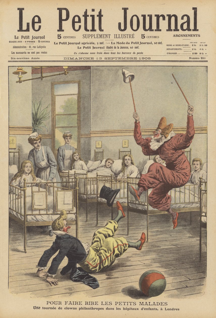 Payasos entreteniendo a niños enfermos en un hospital de Londres (litografía en color) de French School