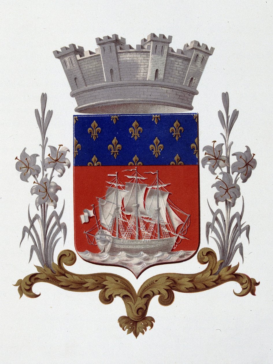 Escudo de armas de la Ciudad de París: Realeza (Luis XVIII y Carlos X) - Cartas Patentes fechadas el 20 de diciembre de 1917 - en “Armorial Nacional de Francia” por H. Traversier, París de French School
