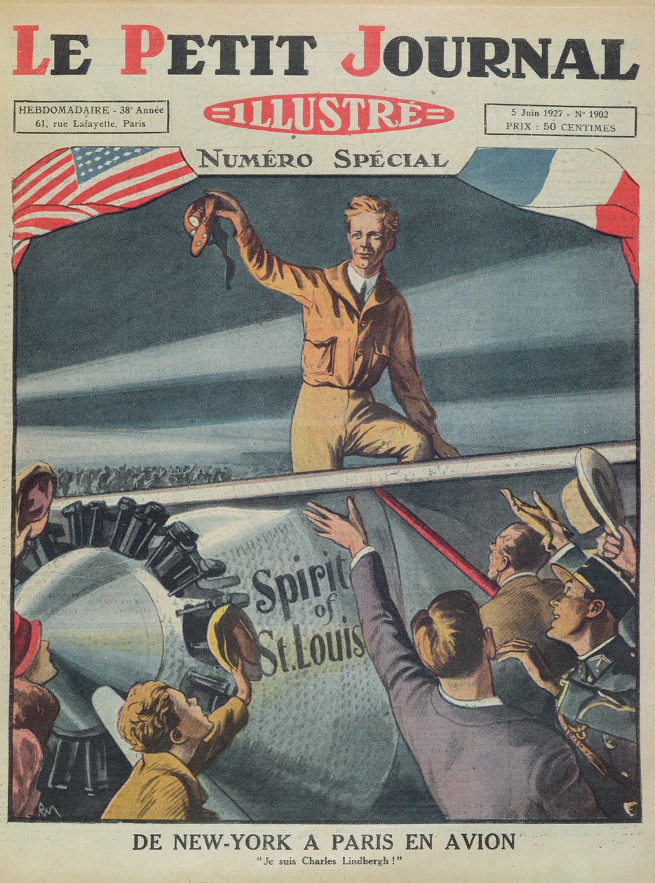 Coronel Charles Lindbergh (1902-74) a su llegada al aeropuerto de Le Bourget después del primer vuelo transatlántico de Nueva York a París el 21 de mayo de 1927, portada de Le Petit Journal, 5 de junio de 1927 de French School