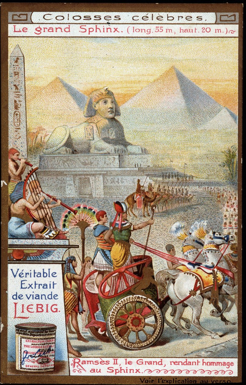 Coloso Famoso: la Gran Esfinge (55 m de largo, 20 m de alto): Ramsés II, el Grande, rindiendo homenaje a la Esfinge - Cromolitografía Liebig de French School