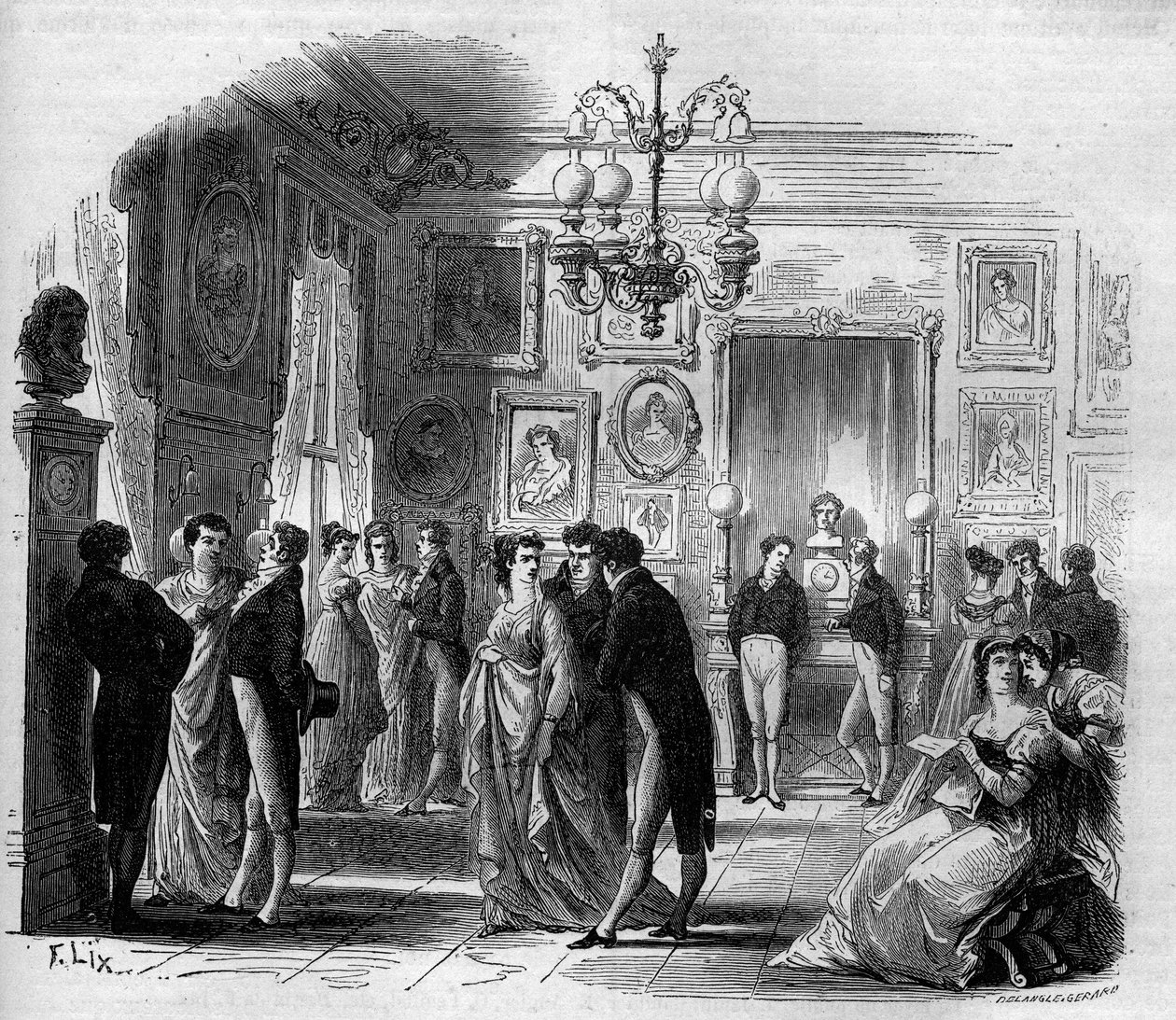 Comédie Française: vista del foyer de los artistas con los comediantes François-Joseph Talma (1763-1826) y Anne Boutet, conocida como Mademoiselle Mars (1779-1847), comediante francesa. Grabado de 1867-1868. de French School