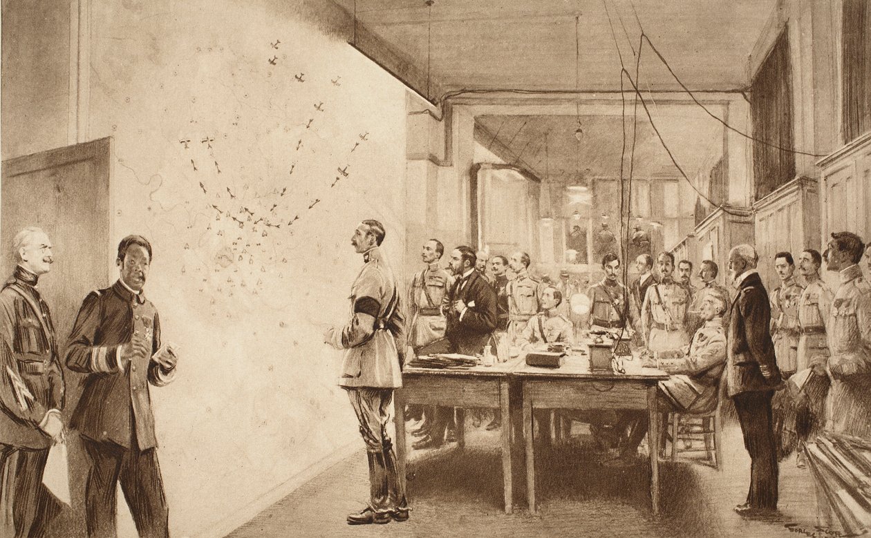 Comandante y personal del Departamento de Aviación francés marcando el progreso de una incursión de Gotha en París, 1914-19 de French School
