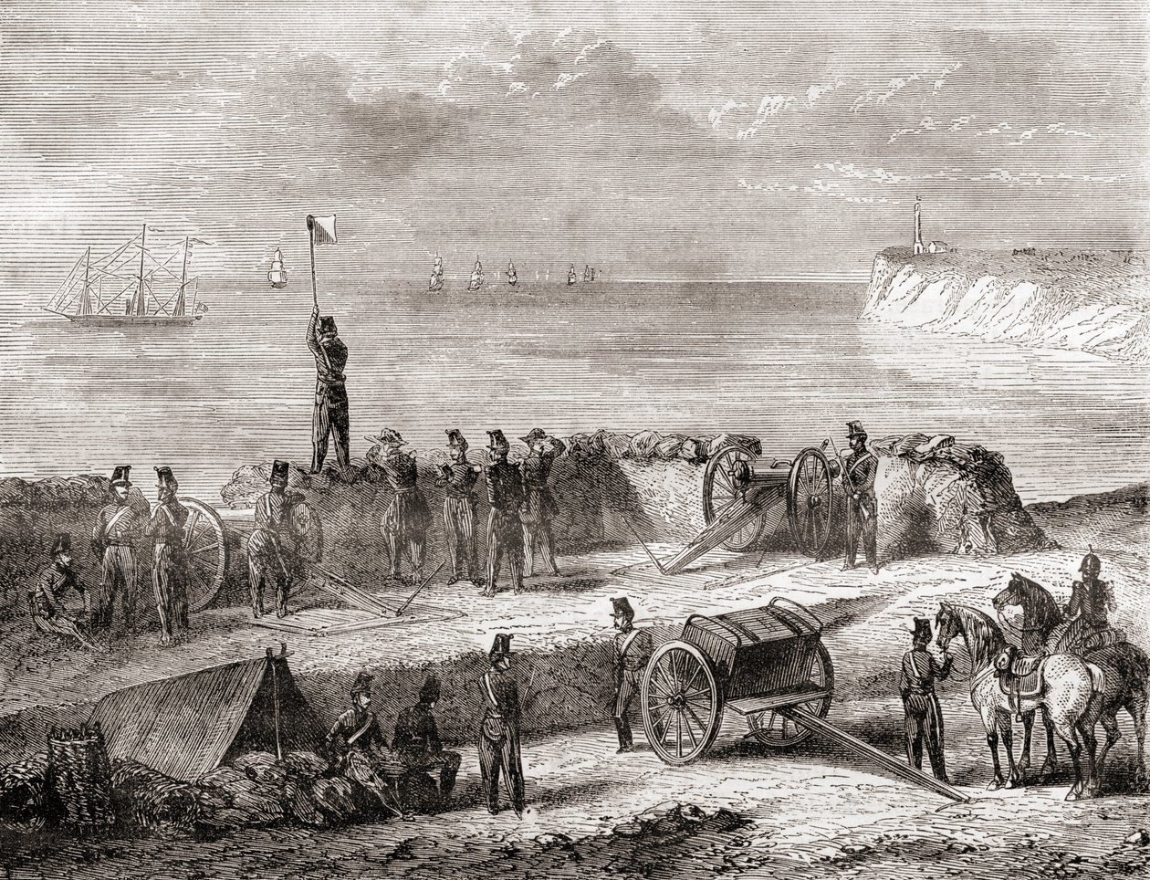 Comunicación entre un barco que entra en puerto y las tropas desembarcadas mediante el sistema de telegrafía por semáforo de banderas, de Les Merveilles de la Science, publicado hacia 1870 (grabado). de French School