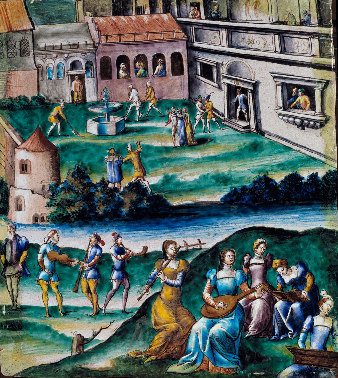 Concierto en el patio de un castillo de French School