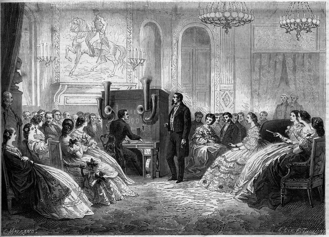 Concierto de “orquesta de piano electromotor”, por su inventor J.B. Schalkenbach, en presencia de Napoleón III y la Emperatriz Eugenia de Montijo. Palacio de Saint Cloud de French School