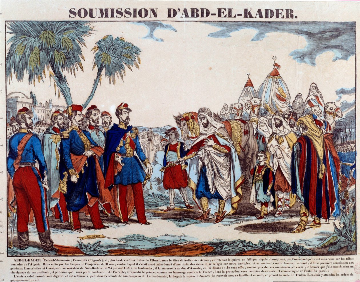 Conquista de Argelia (1830-1847): la sumisión de Abd el Kader (Abd-el-Kader o ibn Muhyi al-Din al-Hasani) (1807-1883) al Duque de Aumale y al ejército francés el 24/01/1848. Grabado de finales del siglo XIX Colección privada de French School