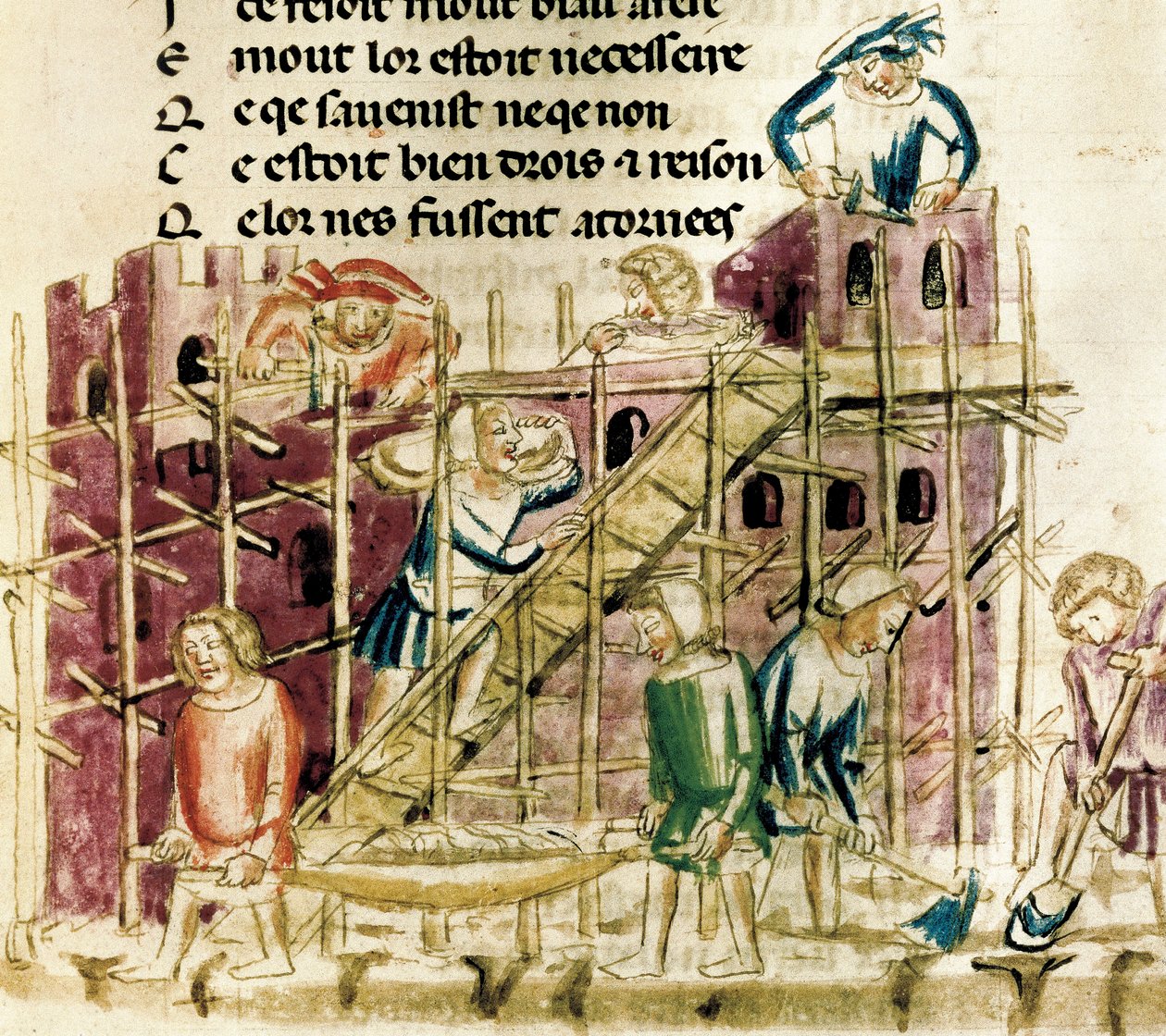 Construcción de una fortaleza" Miniatura de un manuscrito del siglo XIV París, B.N. de French School