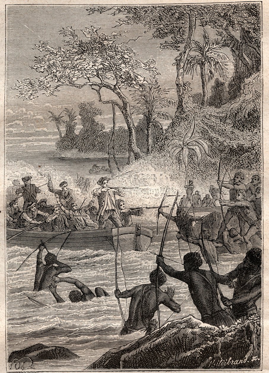 Continuado con flechas: Viaje de Philip Carteret en las islas de Santa Cruz, especialmente a la isla de Nendo en 1767 - ilustración tomada de “Los Grandes Marineros del siglo XVIII” de French School