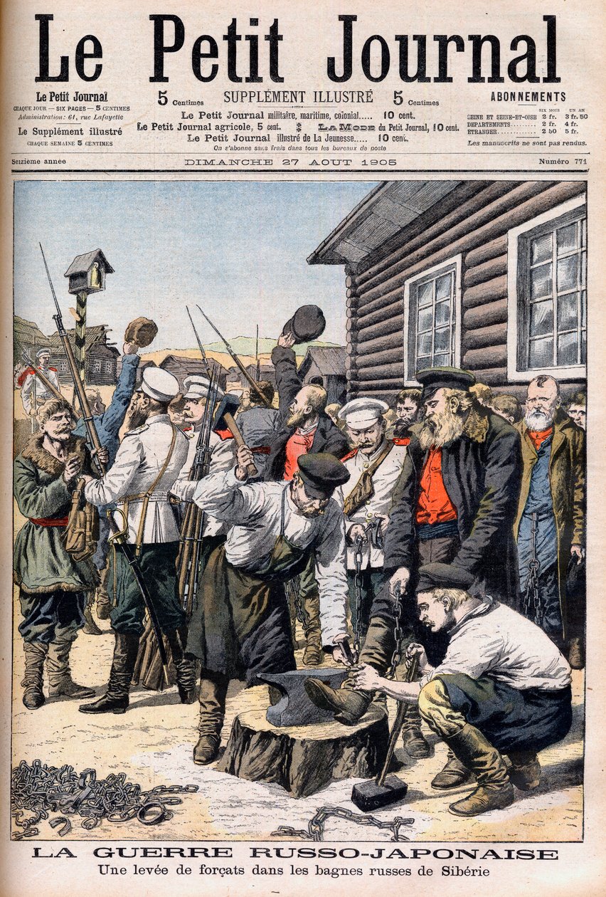 Convictos en Siberia siendo reclutados para luchar en la Guerra Ruso-Japonesa. Guerra Ruso-Japonesa. Un levantamiento de forzados en los bagnes rusos de Siberia. Ilustración para Le petit Journal, 27 de agosto de 1905. de French School