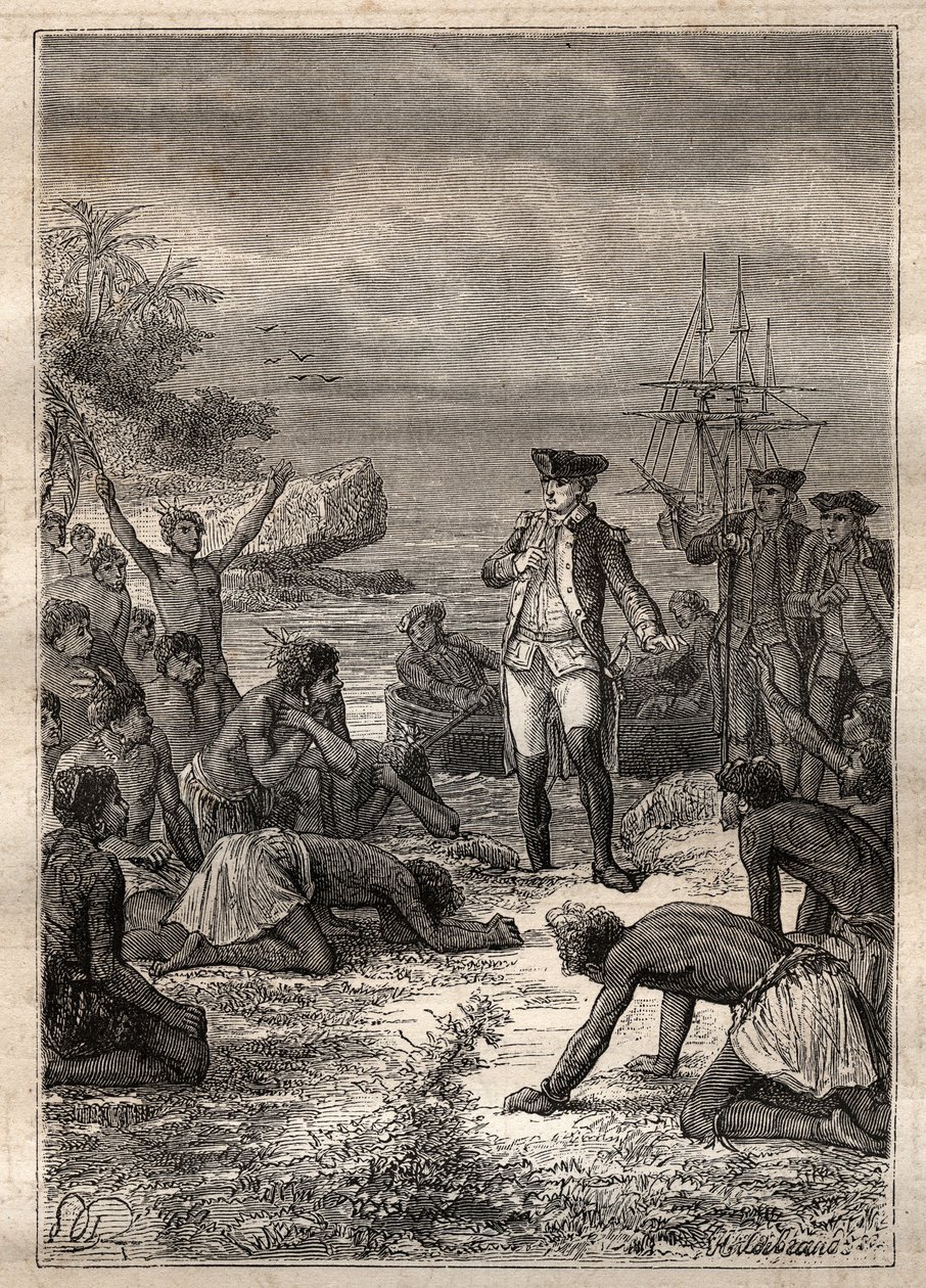 Recepción de Cook por los nativos - Tercer viaje de James Cook - Cook recibido por los nativos - Tercer viaje de James Cook en el Océano Pacífico - ilustración tomada de "Los Grandes Navegantes del siglo XVIII" por Jules Verne de French School