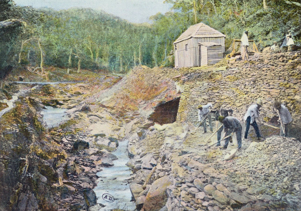Minería de cobre en Nueva Caledonia, grabado por Gillot, finales del siglo XIX de French School