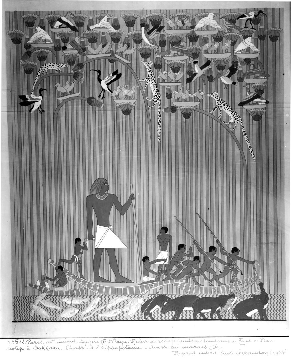 Copia de un relieve pintado egipcio que representa la Pesca y el Arponeo de Hipopótamos, de la Tumba de Ti y Ptah-Hotep en Saqqara, 5ª Dinastía, Reino Antiguo de French School