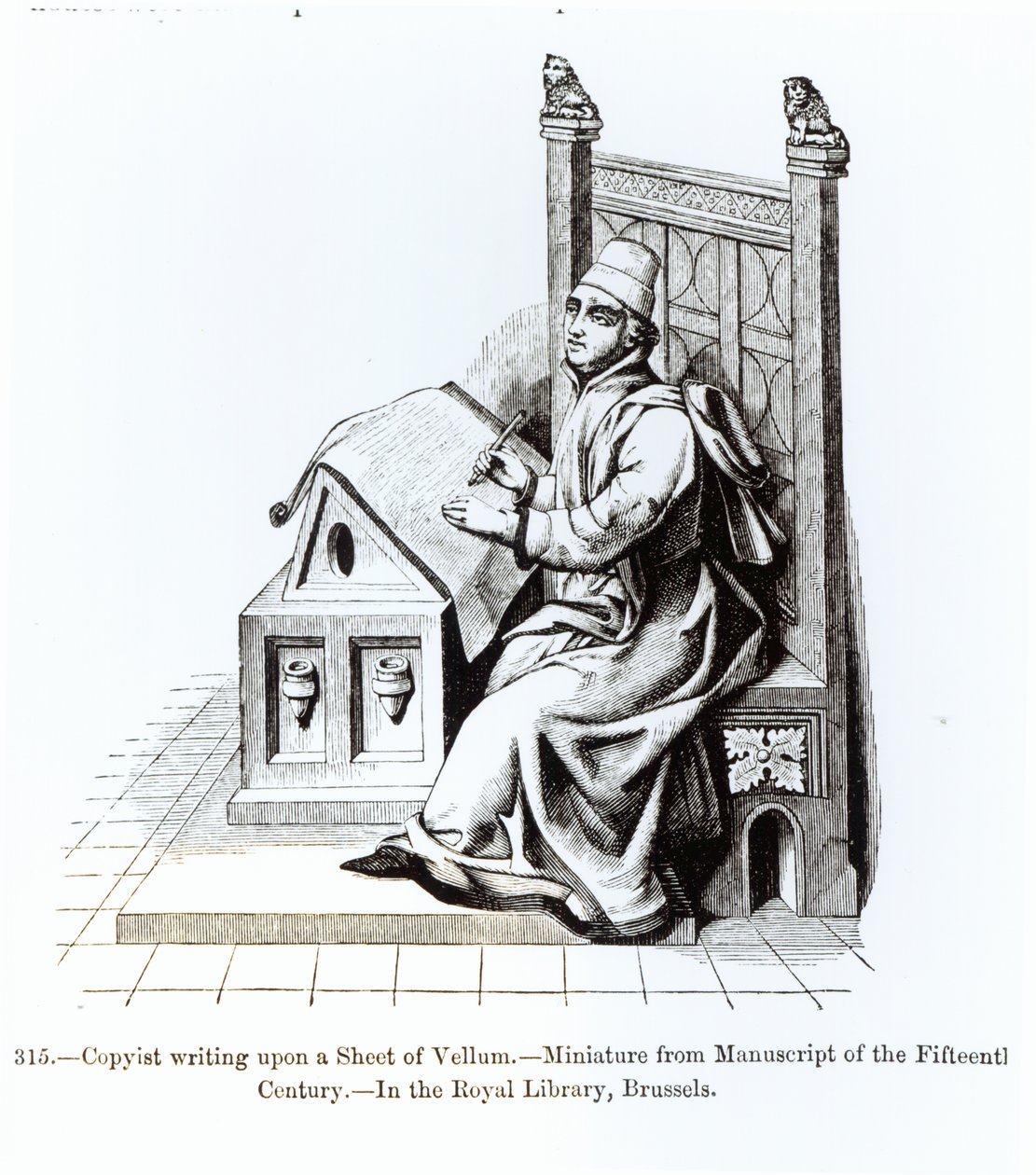 Copista escribiendo sobre una hoja de vitela, de un manuscrito, ilustración de Ciencia y Literatura en la Edad Media y el Renacimiento, escrito y grabado por Paul Lacroix, 1878 de French School