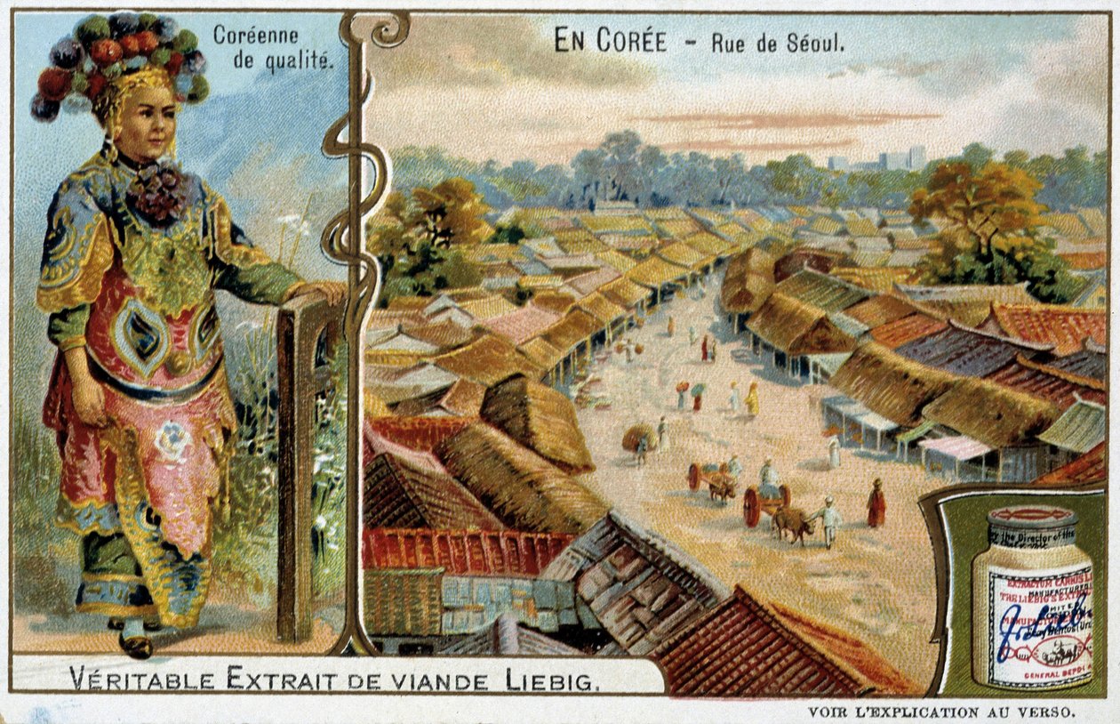 Corea: Calle de Seúl y traje femenino - cromo Liébig, c.1900 de French School