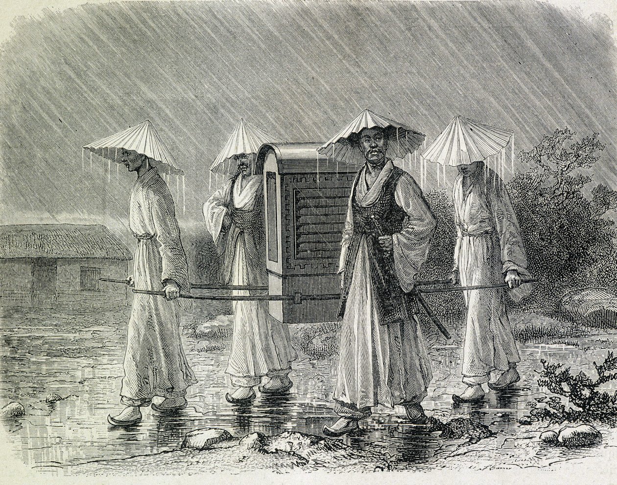 Coreanos vestidos con un palanquín (traje de lluvia de los coreanos) llevando una silla. Ilustración tomada de "An expedition in Korea" del Sr. H. Zuber, antiguo oficial de la marina (1866) - en "Tour du Monde". de French School