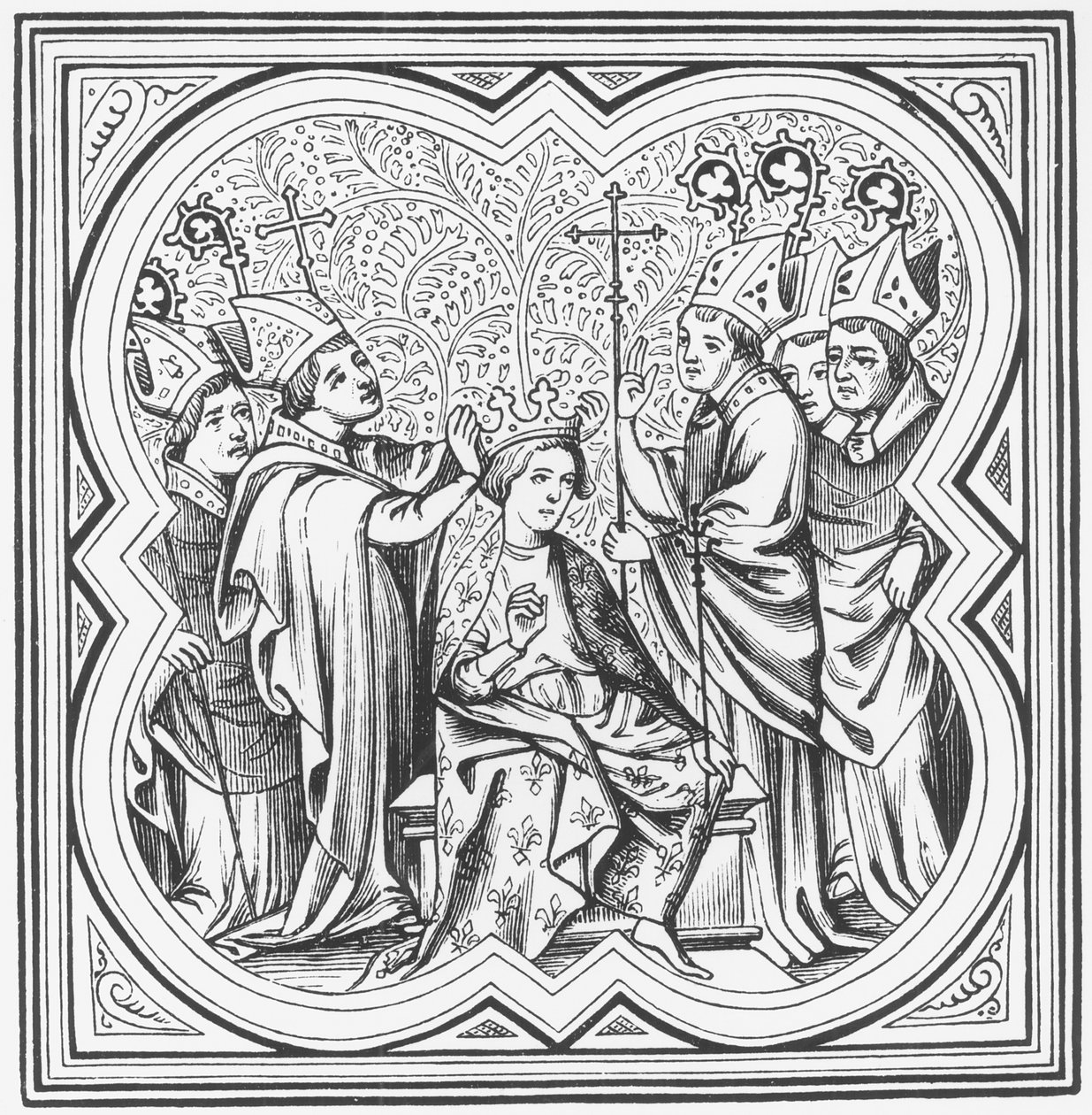 Coronación de Carlomagno (742-814) después de una miniatura en Crónicas de San Denis de French School