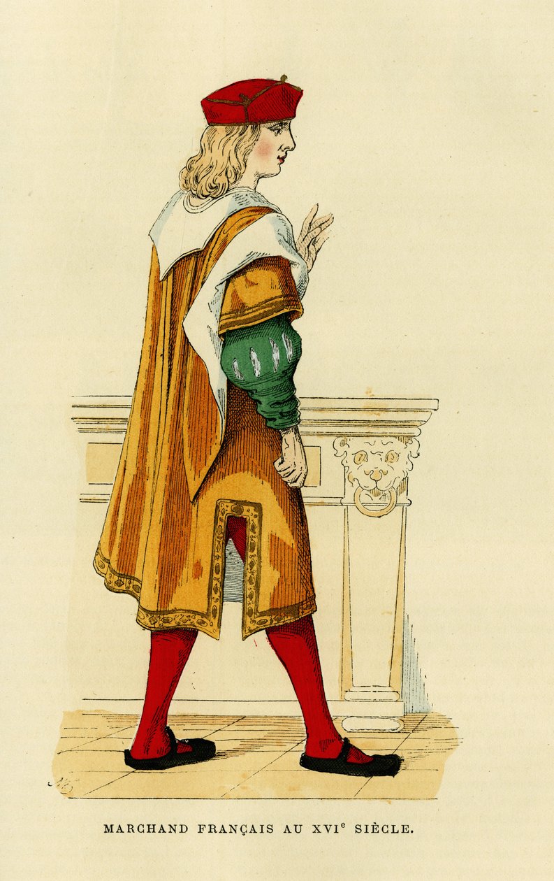 Traje de un mercader francés del siglo XVII. Grabado en colores, en "France et les francais a travers les centuries" de Augustin Challamel, F.Roy editor, París 1882. Colección Selva. de French School