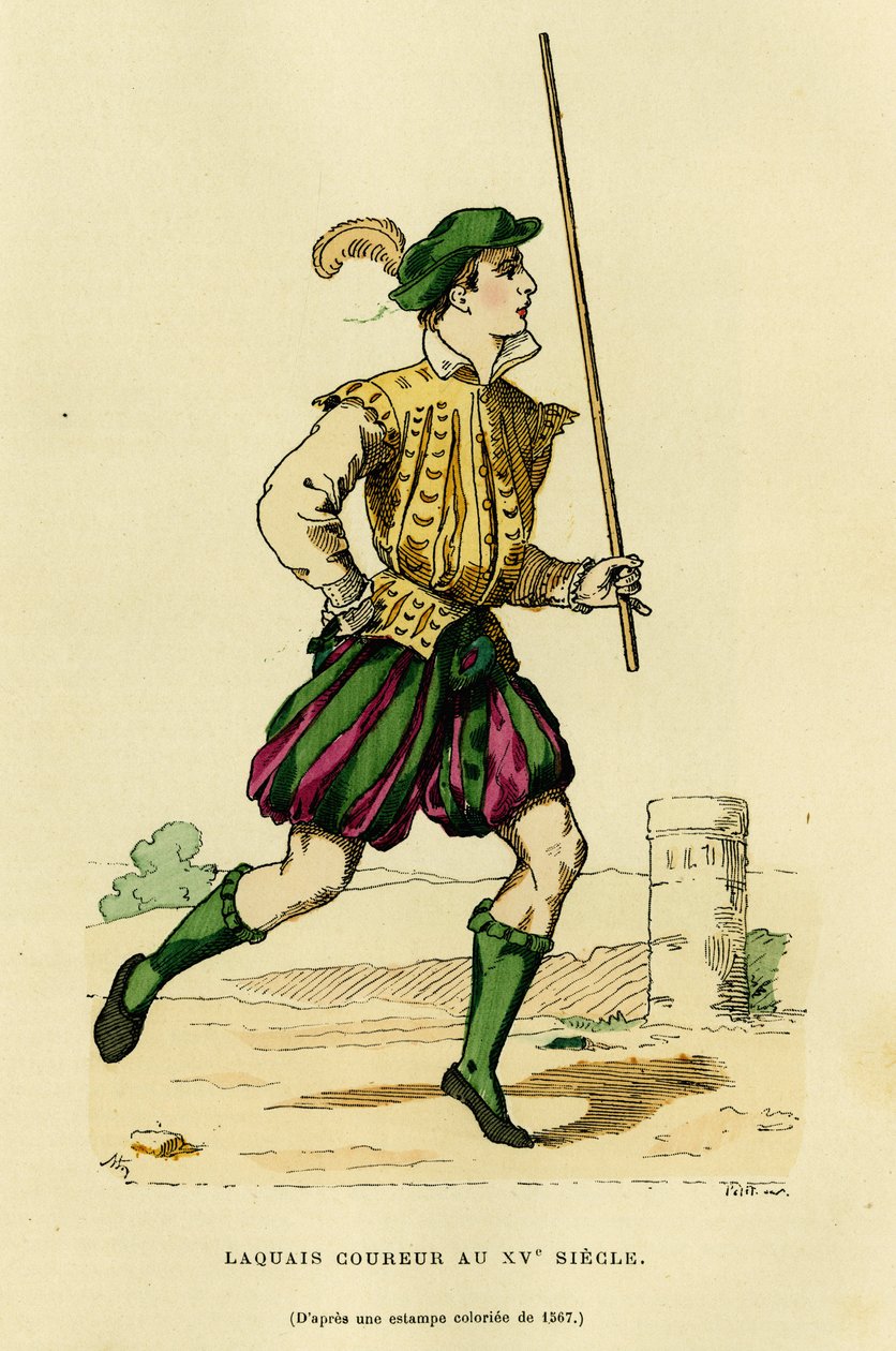 Traje de lacayo corredor en el siglo XV, encargado de correr delante del carruaje para despejar el camino y anunciar el paso de un noble o señor. Grabado en color, en “Francia y los franceses a través de los siglos” de Augustin Challamel, F.Roy ed de French School