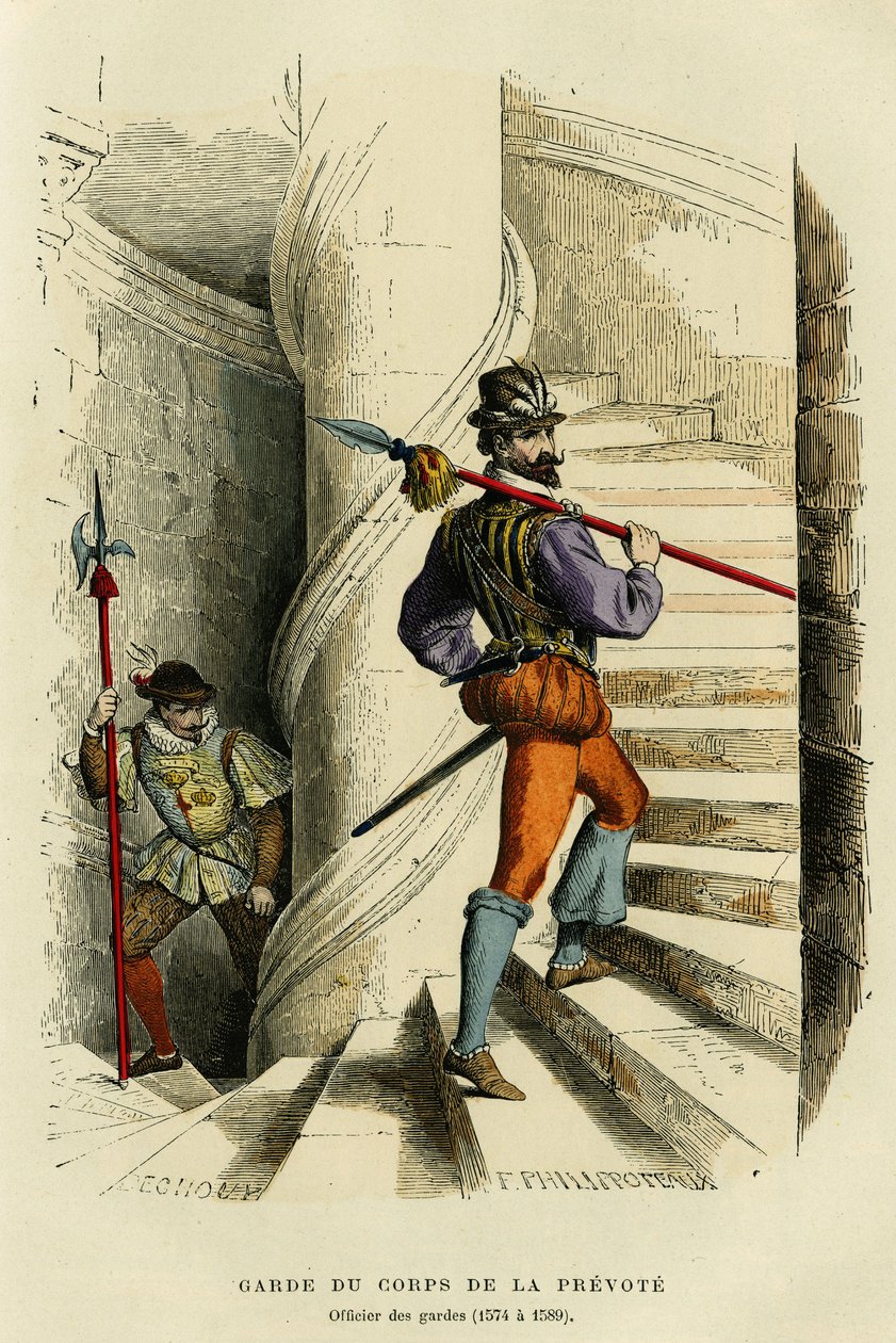 Traje del guardaespaldas del preboste, seguido por un oficial de los guardias (1574 a 1589). Grabado en color, en “Francia y los franceses a través de los siglos” de Augustin Challamel, F.Roy editor, París 1882. Colección Selva. de French School