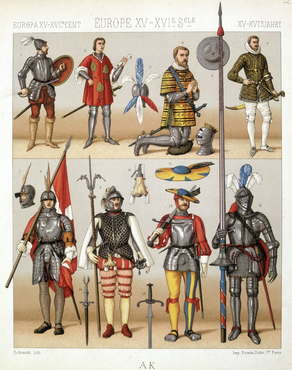 Trajes y armaduras de la Edad Media - en "El traje histórico" de Racinet de French School
