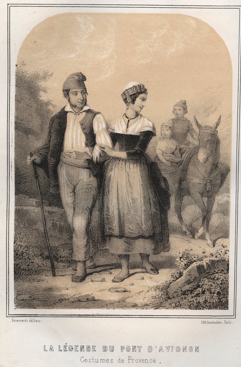 Trajes de Provenza - la leyenda del puente de Aviñón - grabado en “Les soirées de mon oncle souvenirs et récits de voyages” por MORING MICHEL - Finales del siglo XIX de French School