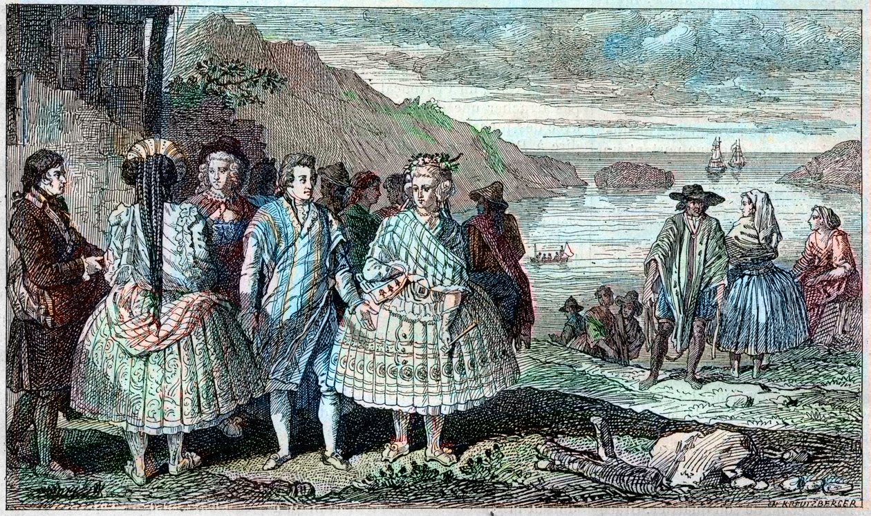 Trajes de los habitantes de La Concepción (Chile) - Atlas del Viaje de La Perouse alrededor del mundo durante los años 1785-1788, París 1797. de French School
