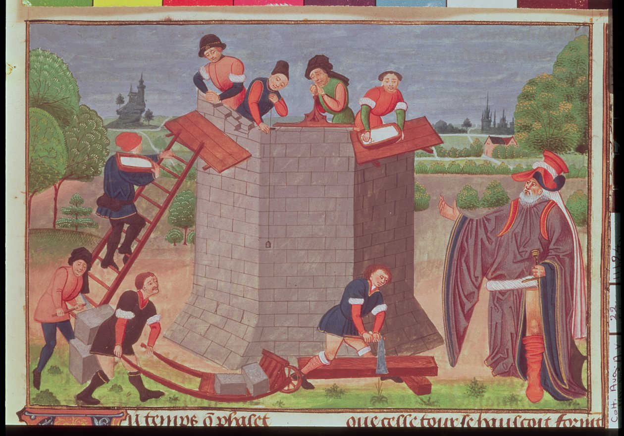 Cott Aug V fol.22 Construyendo la Torre de Babel, miniatura de 