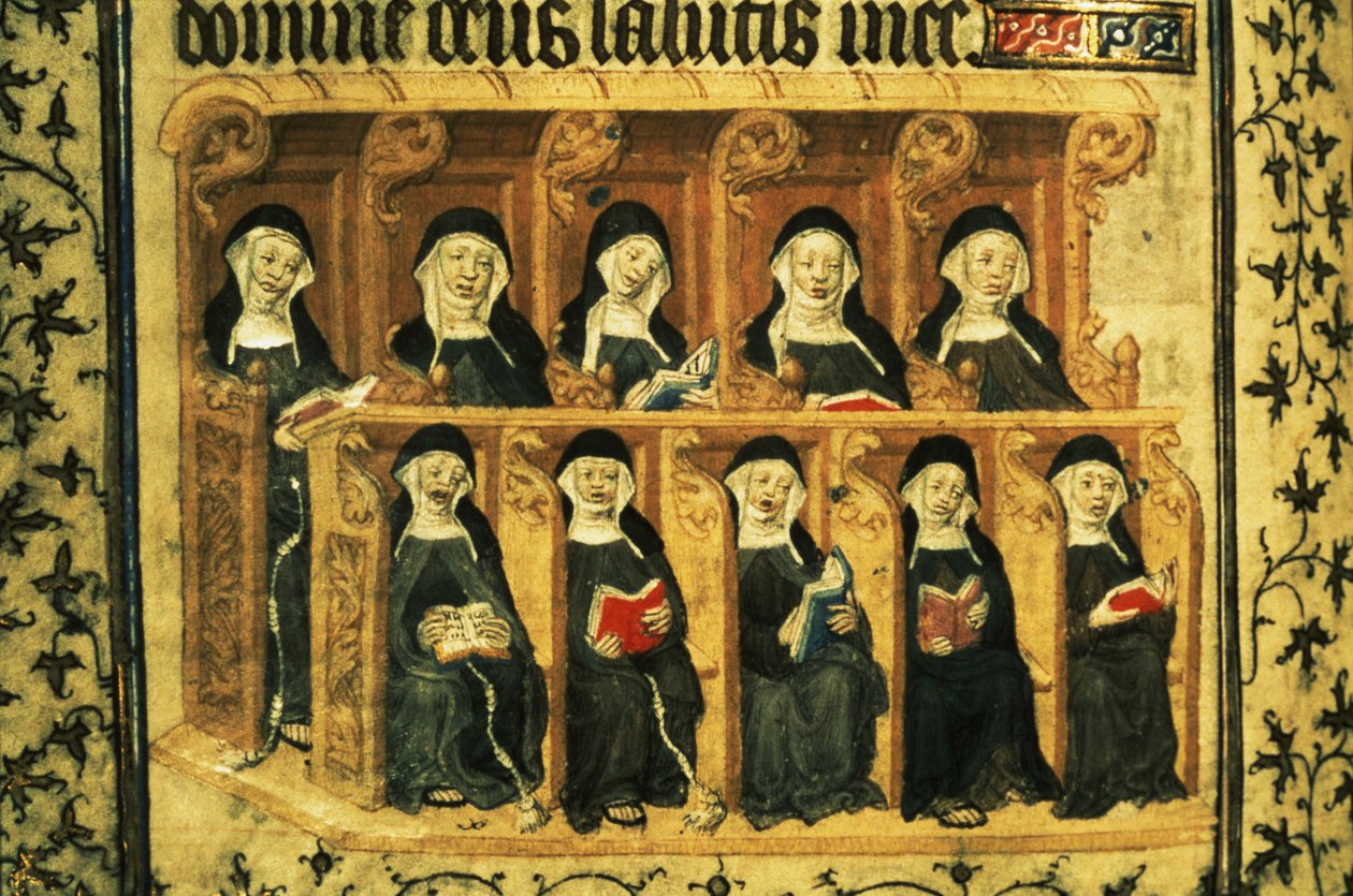 Cott Dom A XVII f.74v Monjas en la sillería del coro, del Salterio de Enrique VI, París de French School