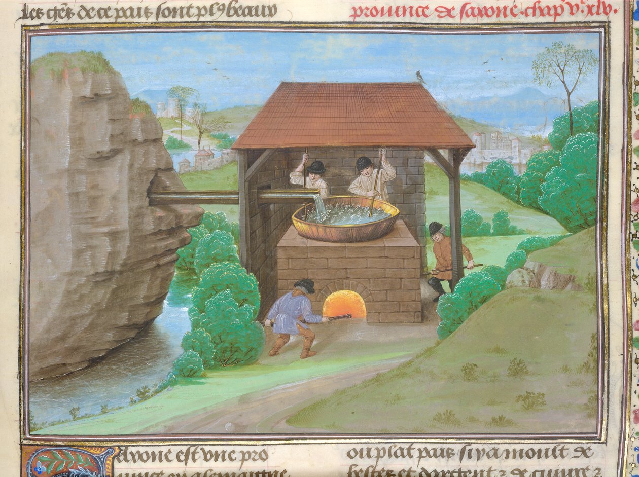 Cotton Augustus V, f.363 Cobertizo de sal con sartén y horno, ilustración de 
