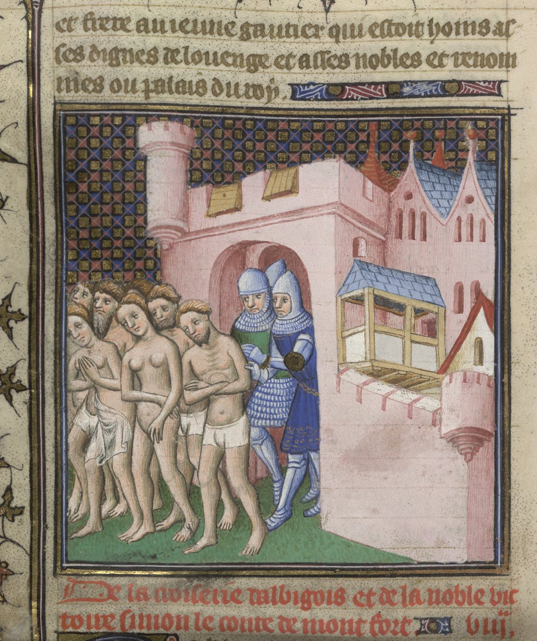 Cotton Nero E. II pt.2, f.20v Expulsión de los albigenses de Carcasona en 1209, de las 