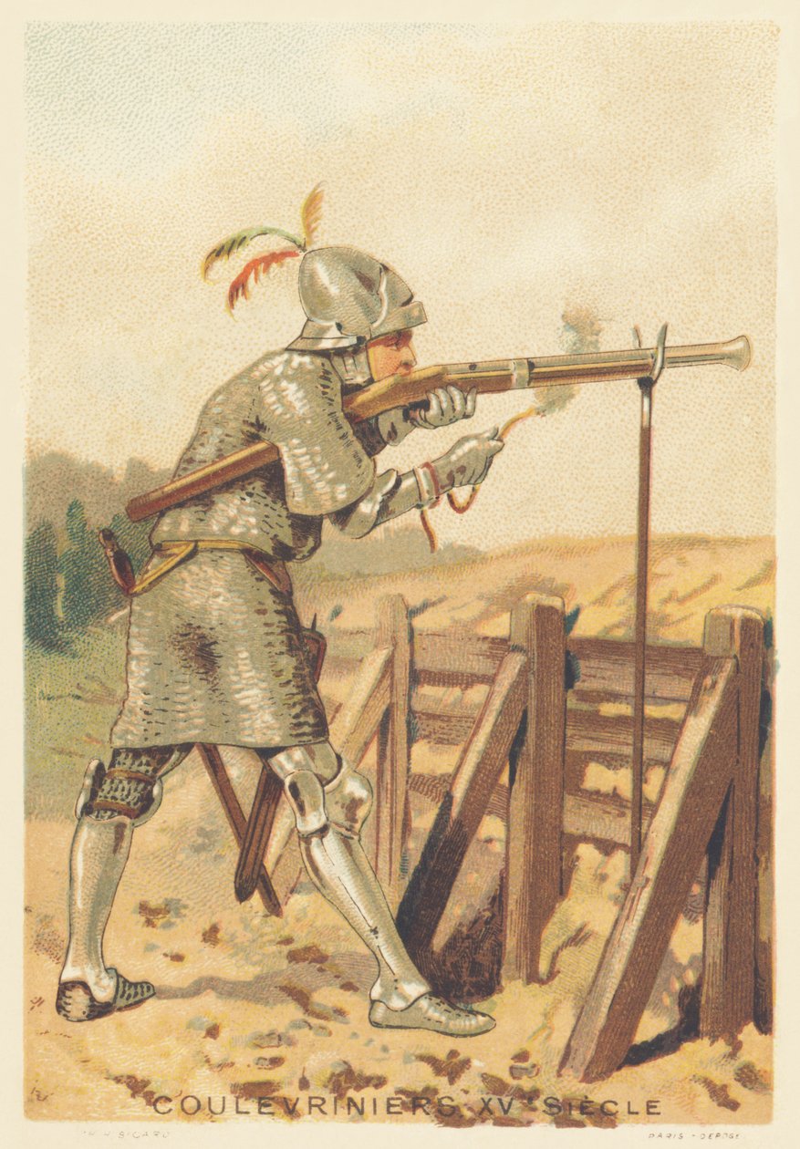 Coulevrinier en el siglo XV (Hombre de guerra, a pie o a caballo, arma de una serpiente en mano) de French School
