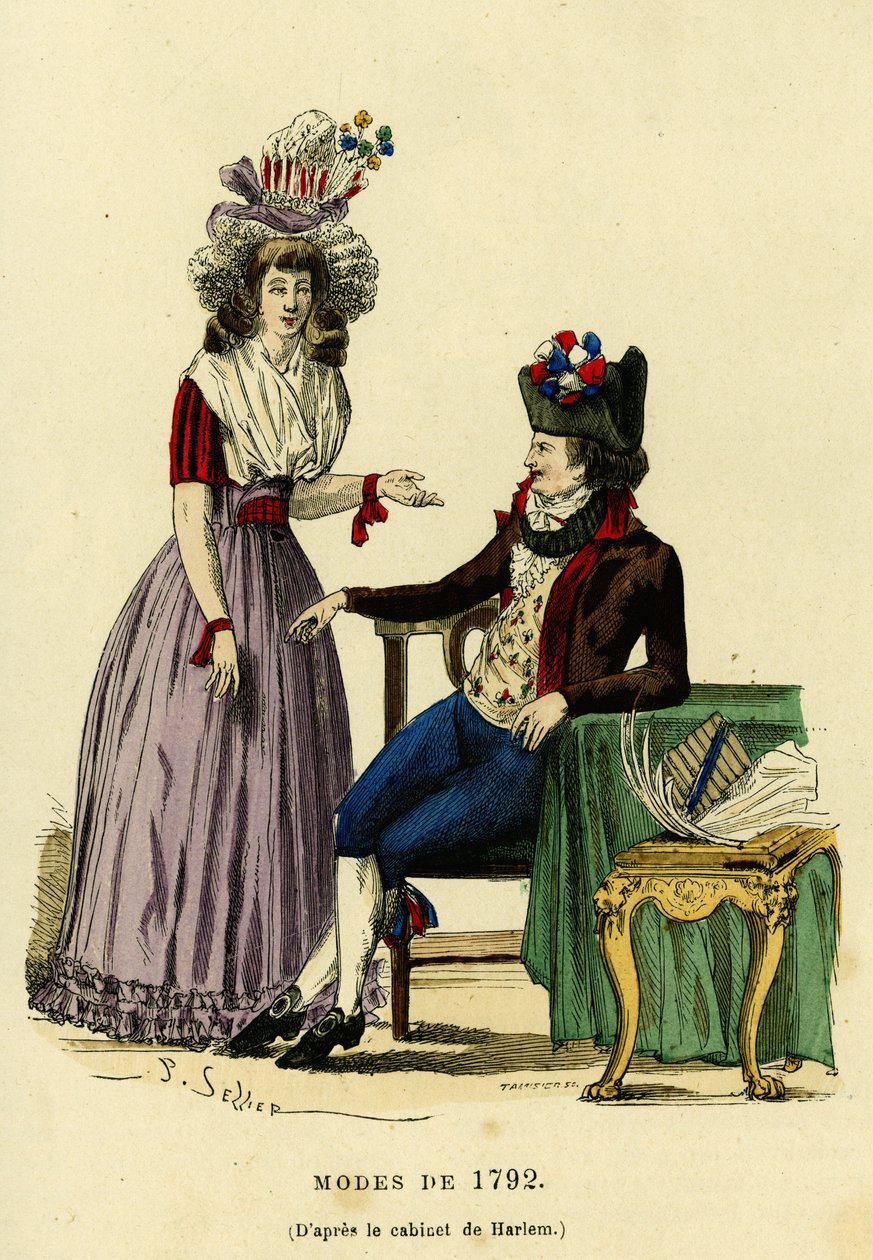 Pareja a la moda de 1792. Grabado en color según el dibujo del gabinete de Harlem, en “Francia y los franceses a través de los siglos” de Augustin Challamel, F.Roy editor, París 1882. Colección Selva. de French School