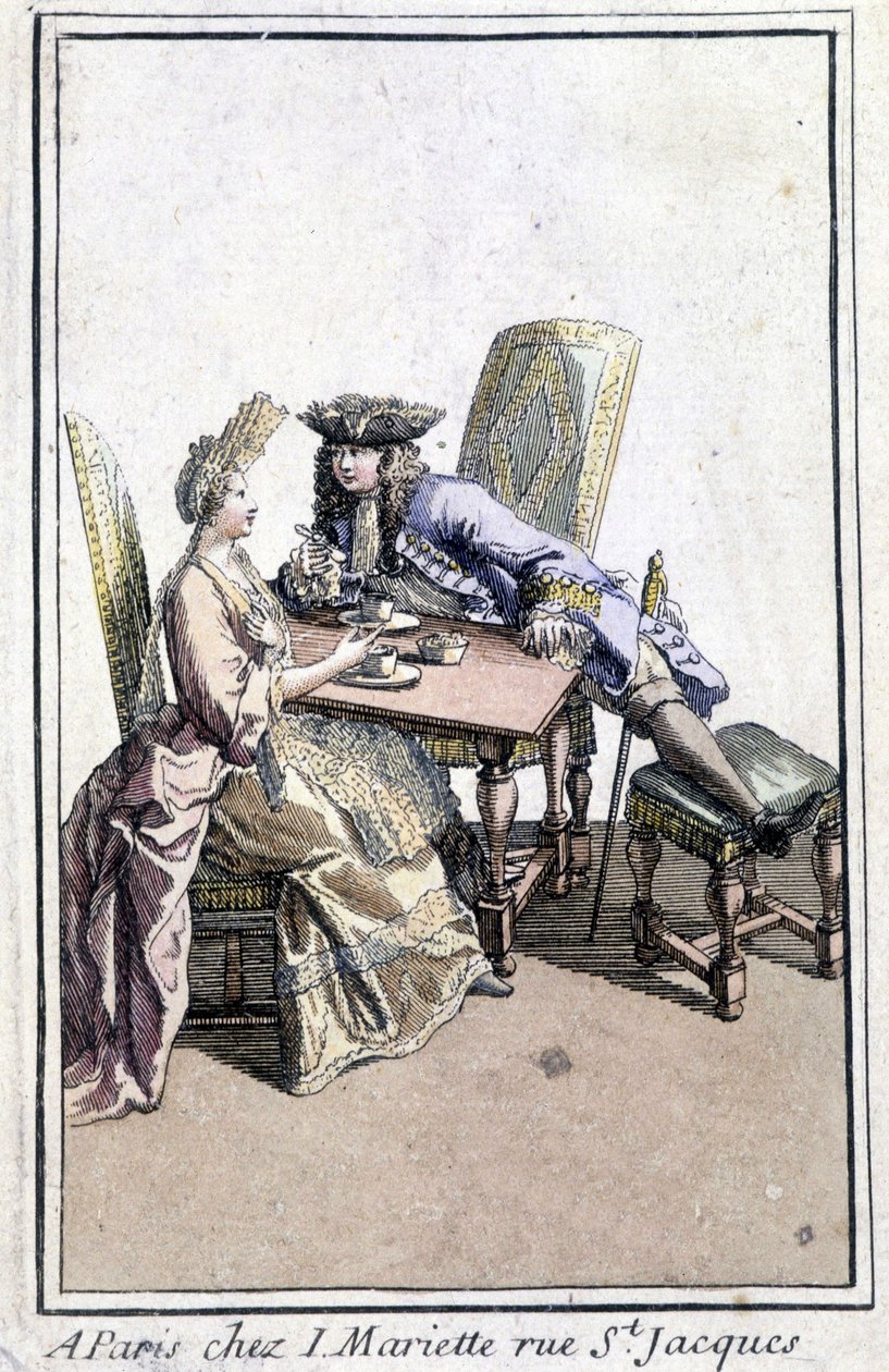 Pareja tomando café - grabado de French School