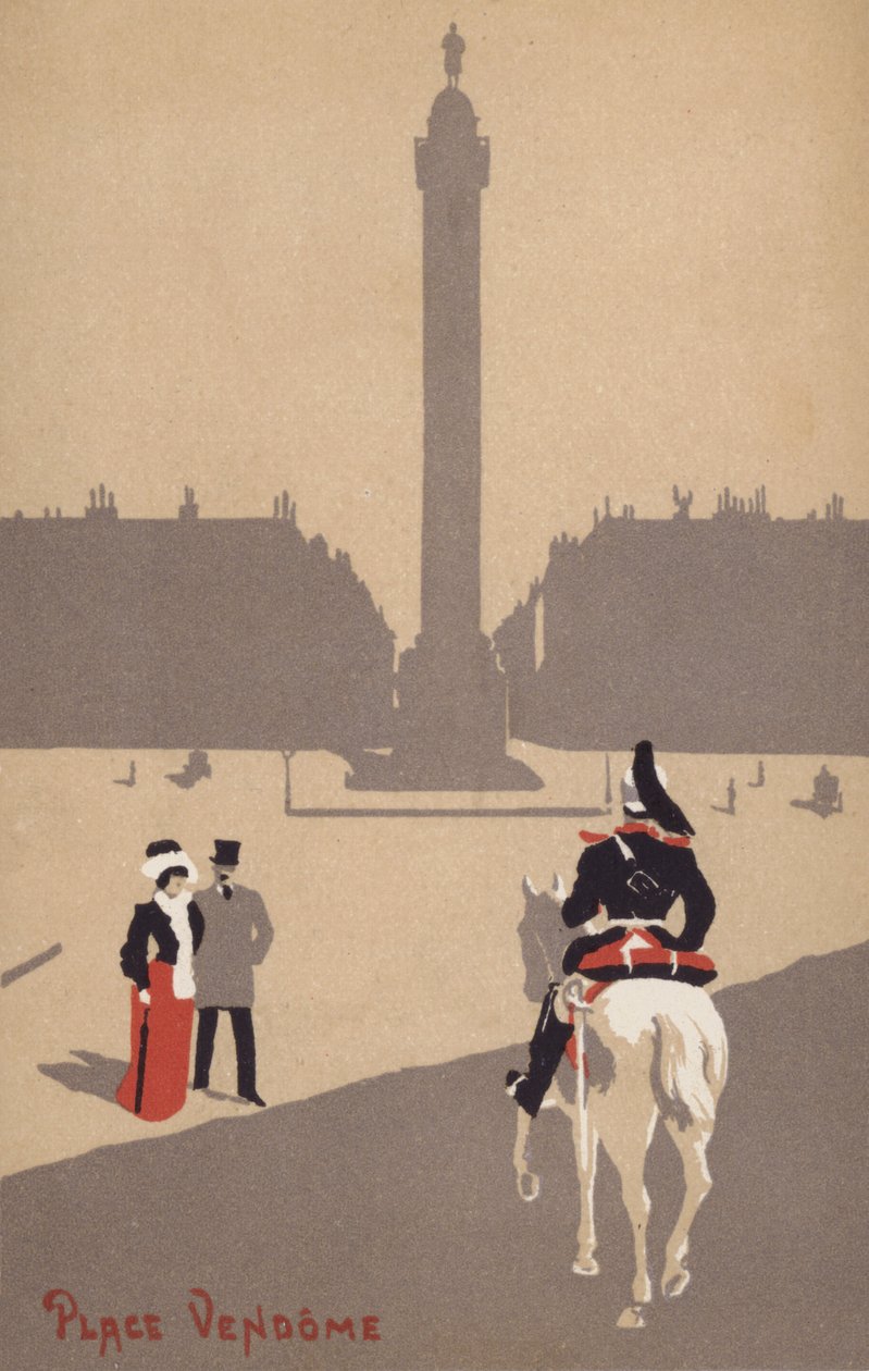Una pareja observa a un soldado de caballería francés montado en la plaza Vendome, París, Francia (litografía en color) de French School