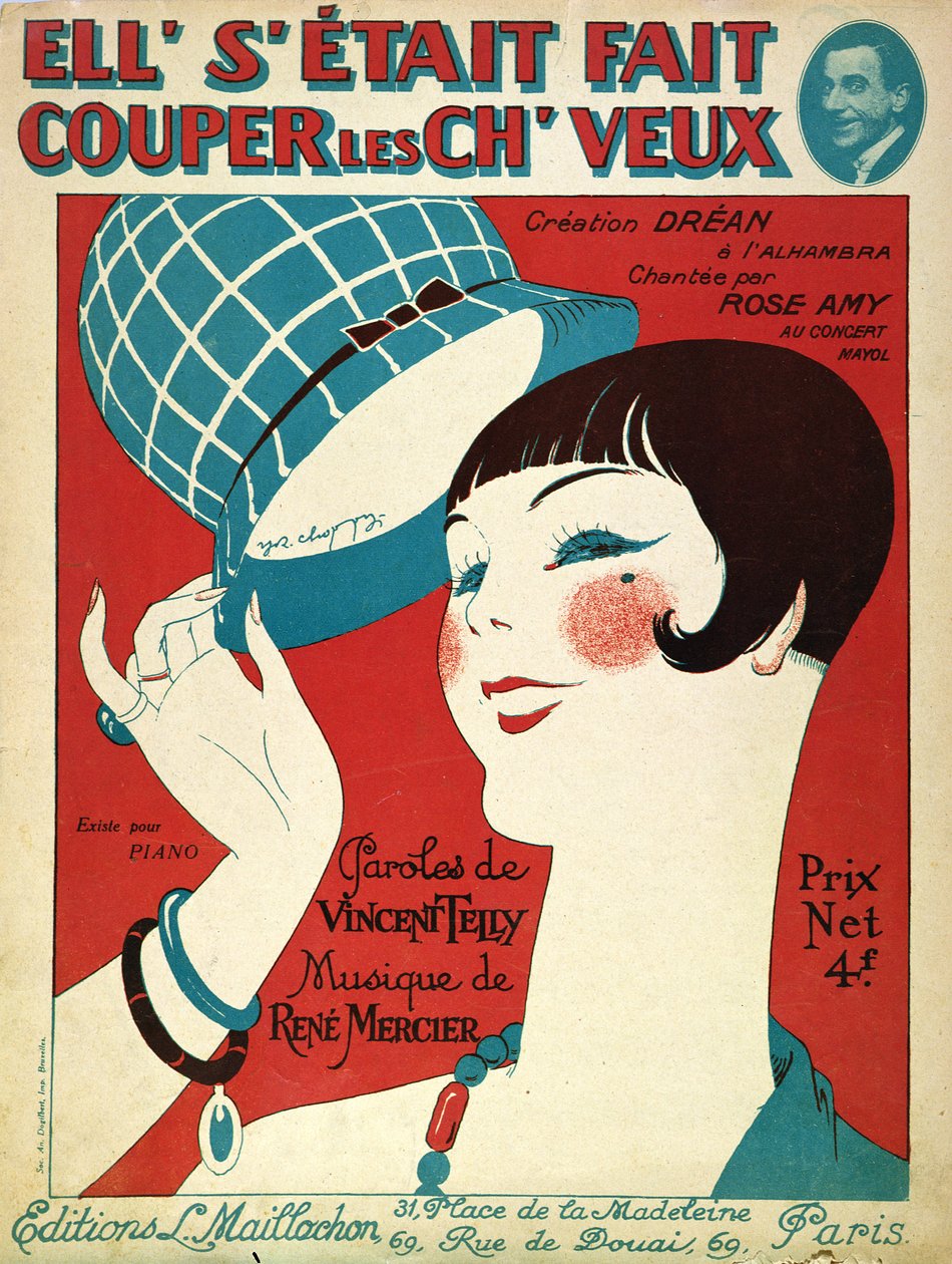 Portada de la partitura musical, Ella se cortó el cabello, 1924 de French School