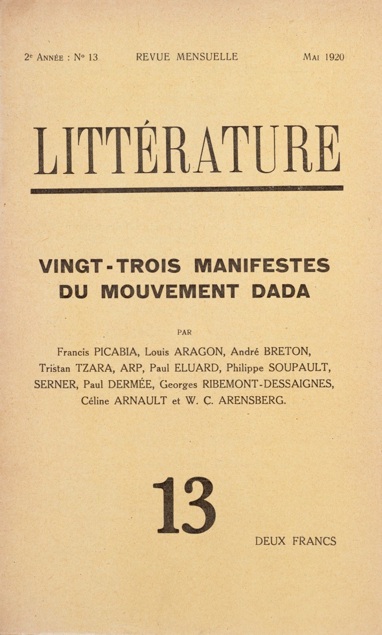 Portada de la revista literaria mensual Litterature dedicada al movimiento Dada, mayo de 1920 de French School